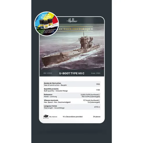 Maquette sous-marin U-Boot Type Vii C 1:400 - Starter Kit - Heller 57002