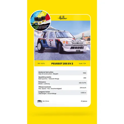Maquette de voiture Peugeot 205 Ev 2 1/24 - Starter Kit - Heller 56716