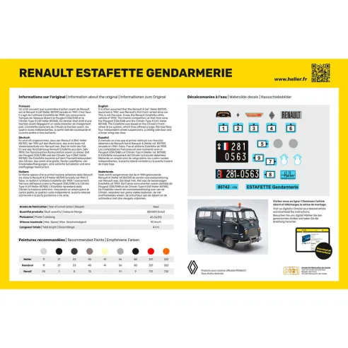 Maquette véhicule gendarmerie Renault Estafette Gendarmerie New Mould 1:24 - Heller 80742