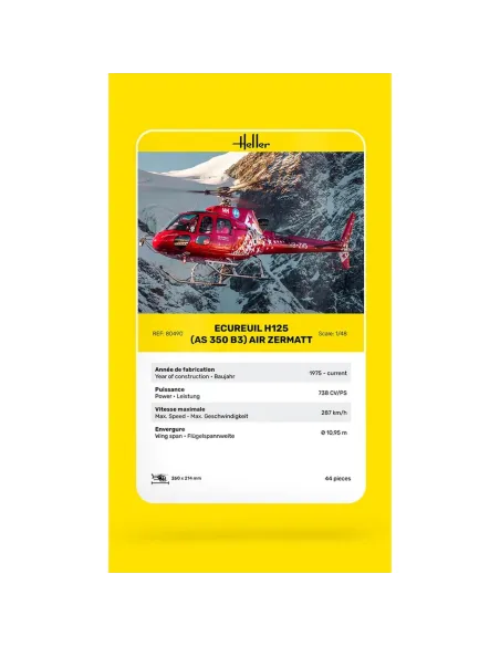 Maquette hélicoptère Ecureuil H125 - As 350 B3 - Air Zermatt 1:48 - Heller 80490