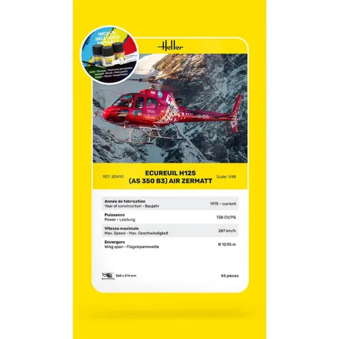 Maquette hélicoptère AS350 B3 Ecureuil 1:48 - Starter Kit - Heller 56490