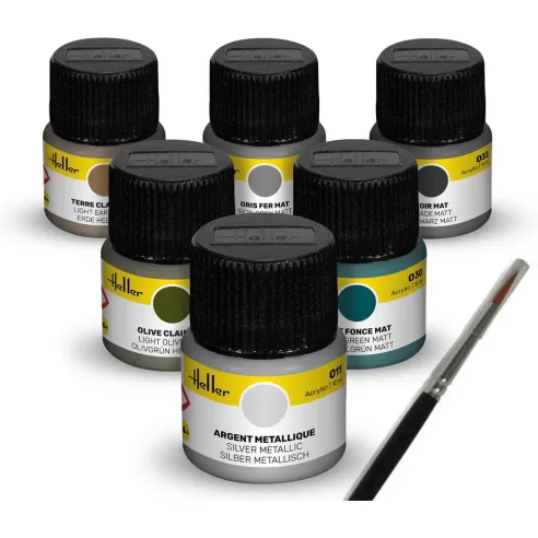 Peinture à maquette acrylique Colour Set Military Acrylic 6 x 12 ml + Brush - Heller 9400