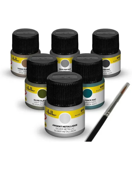 Peinture à maquette acrylique Colour Set Military Acrylic 6 x 12 ml + Brush - Heller 9400