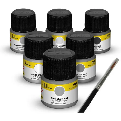 Peinture à maquette acrylique Colour Set Civil Aircraft Acrylic 6 x 12 ml + Brush - Heller 9401