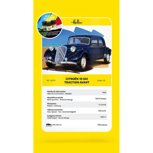 Maquette de voiture Citroen 15 Six Traction Avant 1:8 - Starter Kit - Heller 56799