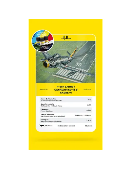 Maquette d'avion F-86F Sabre / Canadair Cl-13 B Sabre Vi 1/72 - Starter Kit - Heller 56277