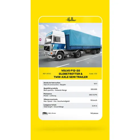 Maquette camion 20 Globetrotter & Twin-Axle Semi trailer 1:32 - Heller 81703