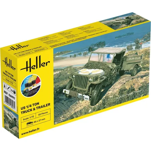 Maquette véhicule militaire Us 1/4 Ton Truck & Trailer 1:72 - Starter Kit - Heller 56997