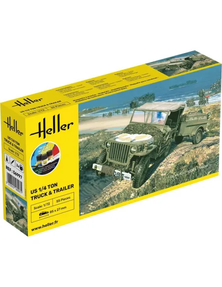 Maquette véhicule militaire Us 1/4 Ton Truck & Trailer 1:72 - Starter Kit - Heller 56997