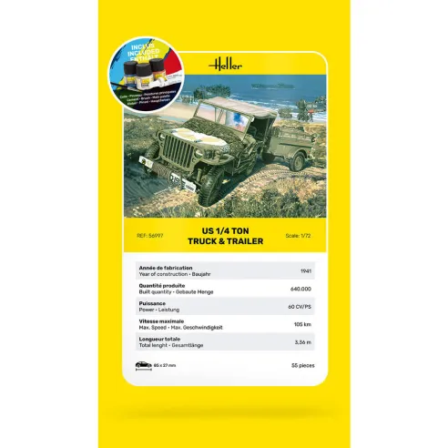 Maquette véhicule militaire Us 1/4 Ton Truck & Trailer 1:72 - Starter Kit - Heller 56997