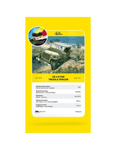 Maquette véhicule militaire Us 1/4 Ton Truck & Trailer 1:72 - Starter Kit - Heller 56997