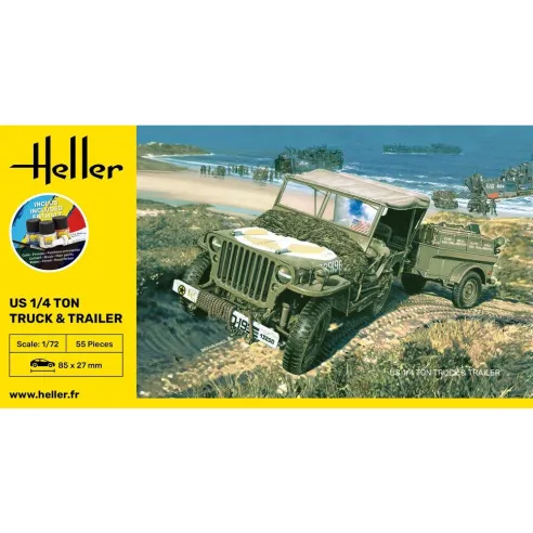 Maquette véhicule militaire Us 1/4 Ton Truck & Trailer 1:72 - Starter Kit - Heller 56997