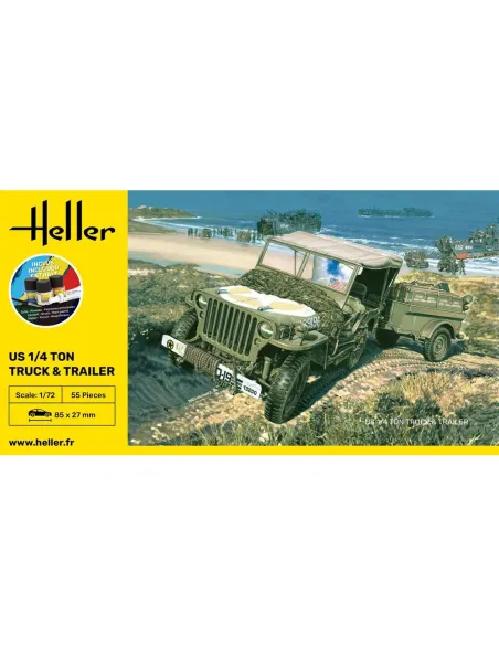 Maquette véhicule militaire Us 1/4 Ton Truck & Trailer 1:72 - Starter Kit - Heller 56997