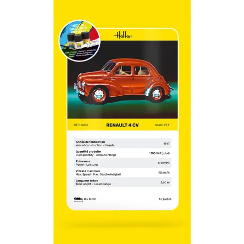Maquette voiture Renault 4 Cv 1:43 - Starter Kit - Heller 56174