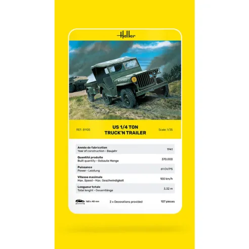 Maquette Jeep Willys Overland et remorque Us 1/4 Ton Truck 'n Trailer 1:35 - Heller 81105