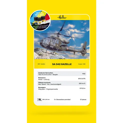Maquette hélicoptère Sa 342 Gazelle 1:48 - Starter Kit - Heller 56486