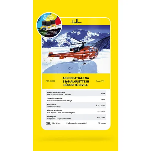 Maquette hélicoptère Alouette Iii Sécurité Civile 1:72 - Starter Kit - Heller 56289