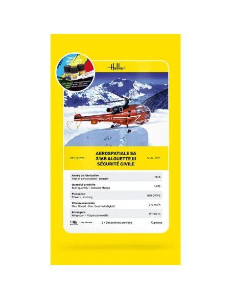 Maquette hélicoptère Alouette Iii Sécurité Civile 1:72 - Starter Kit - Heller 56289