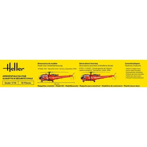 Maquette hélicoptère Alouette Iii Sécurité Civile 1:72 - Starter Kit - Heller 56289