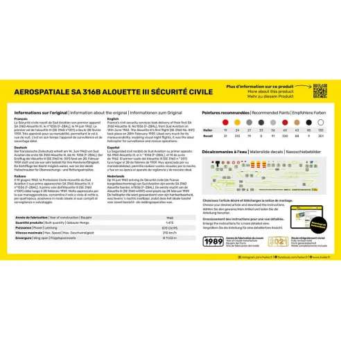 Maquette hélicoptère Alouette Iii Sécurité Civile 1:72 - Starter Kit - Heller 56289