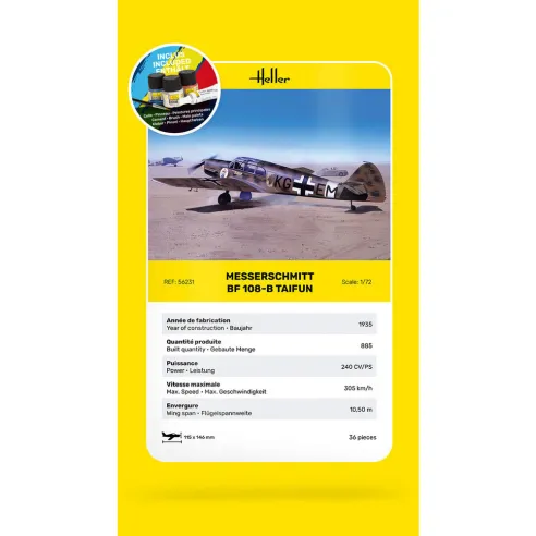 Maquette avion Messerschmitt Bf 108 B Taifun 1:72 - Starter Kit - Heller 56231
