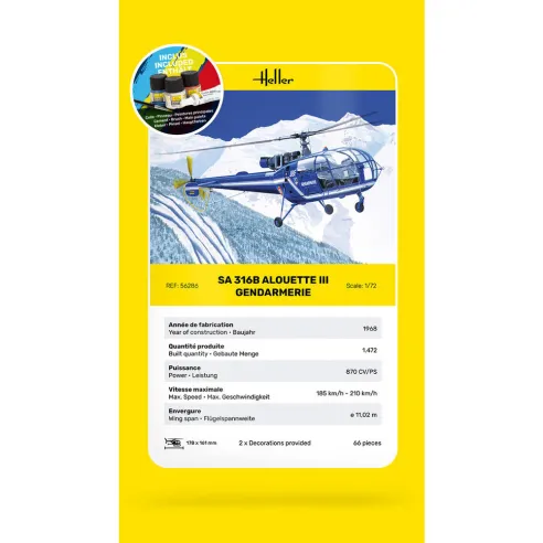 Maquette hélicoptère Sa 316 Alouette Iii Gendarmerie 1:72 - Starter Kit - Heller 56286