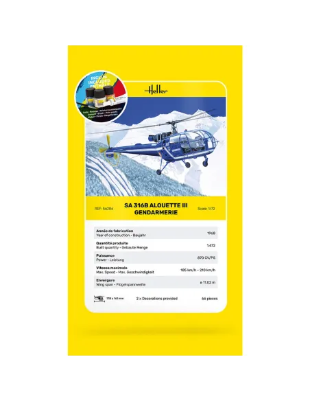 Maquette hélicoptère Sa 316 Alouette Iii Gendarmerie 1:72 - Starter Kit - Heller 56286