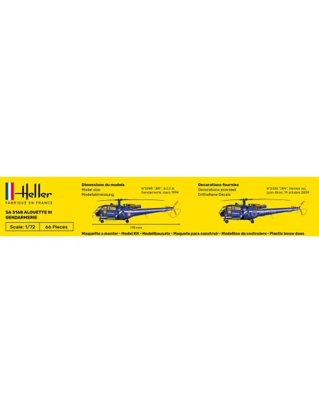 Maquette hélicoptère Sa 316 Alouette Iii Gendarmerie 1:72 - Starter Kit - Heller 56286